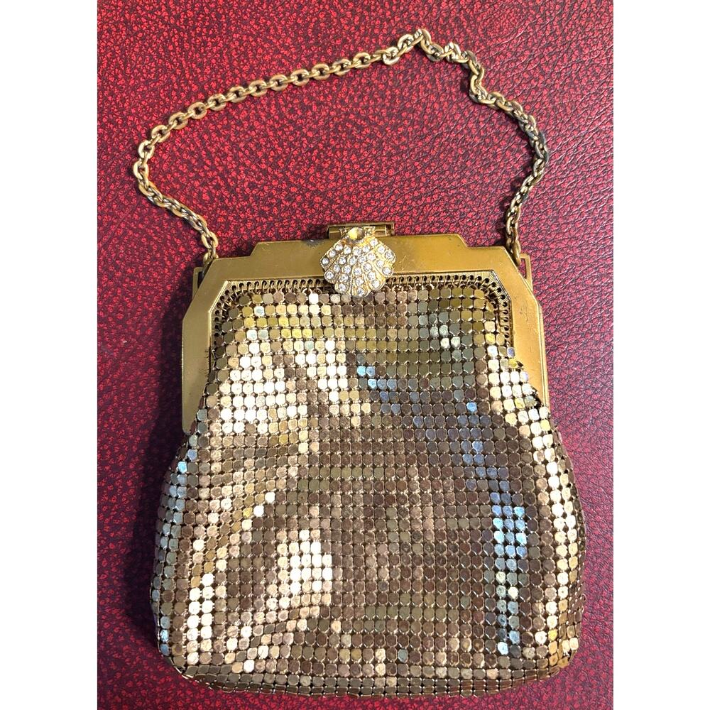 Antique WHITING & DAVIS 1930s Gold Mesh Purse With Ornate Rhinestone Clasp - Picture 3 of 13